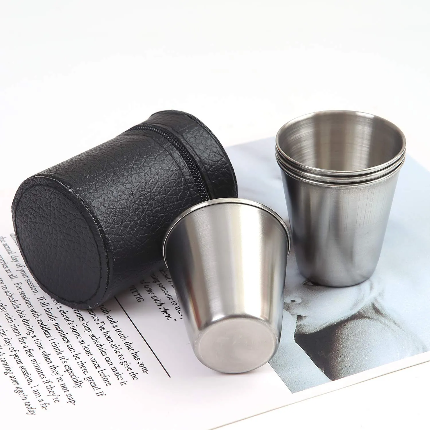 4 pcs 2.7 oz Portable Stainless Steel Drinking Shot Cup Sake Cup w/zipper Bag