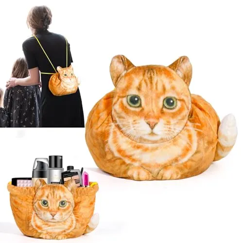 ALLYORS Drawstring Makeup Bag, A cat-shaped storage bag for Dresser/Journey/Storage-Orange Cat