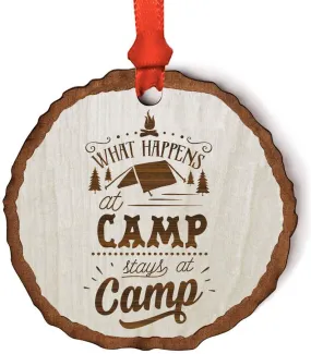 Andaz Press Real Wood Rustic Christmas Ornament, Engraved Wood Slab, What Happens at Camp Stays at Camp