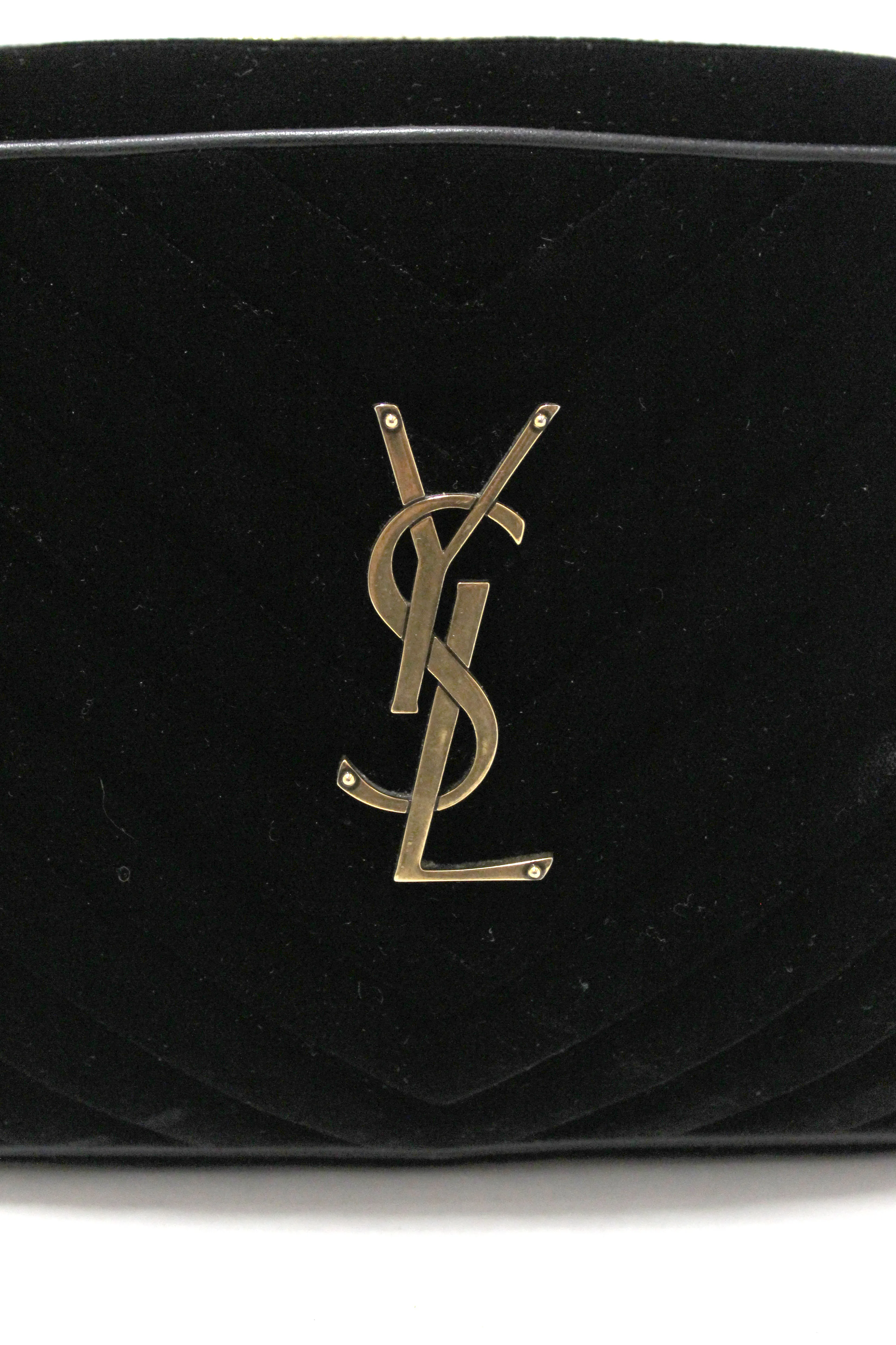 Authentic YSL Yves Saint Laurent Black Velvet Leather Lou Camera Messenger Bag