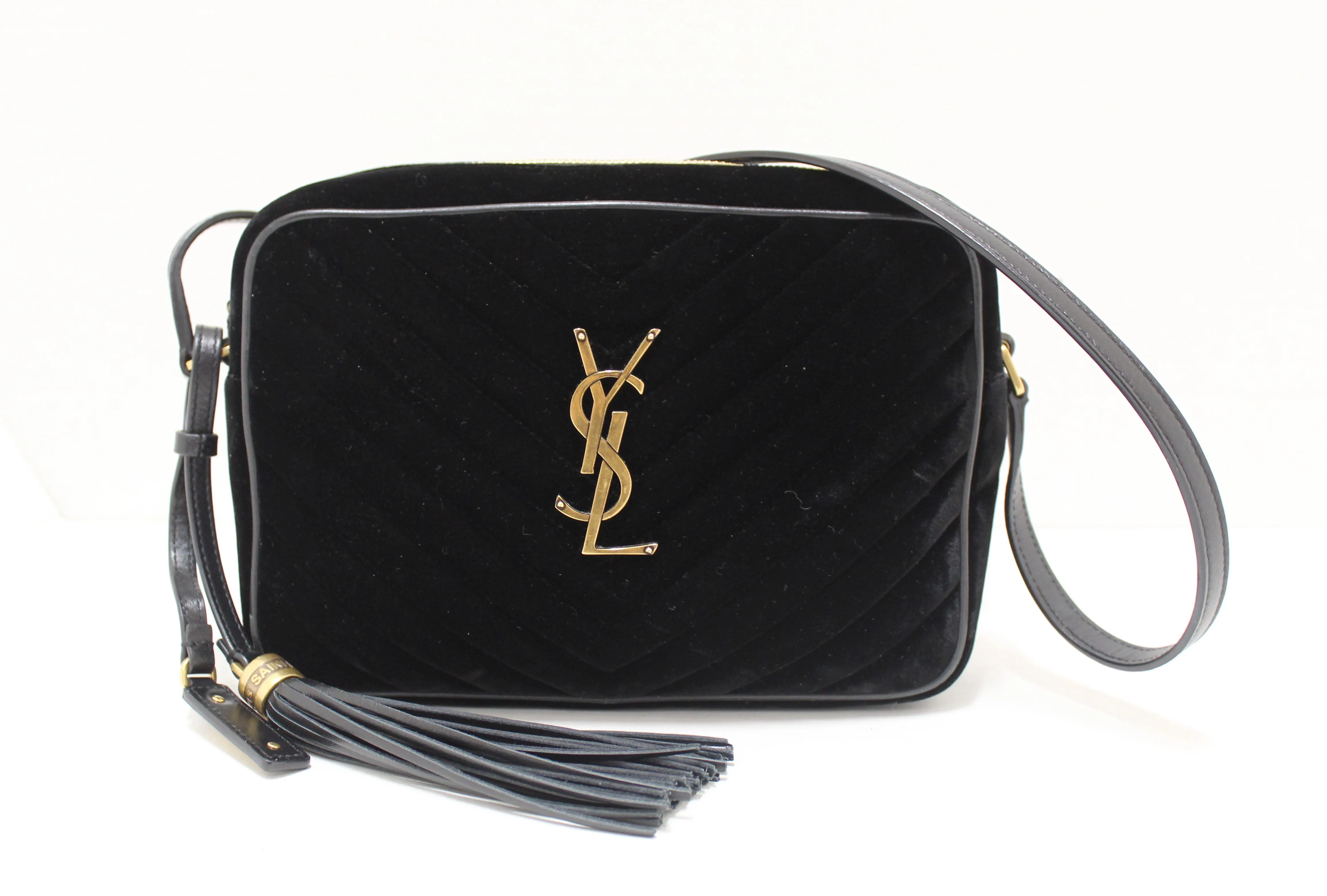 Authentic YSL Yves Saint Laurent Black Velvet Leather Lou Camera Messenger Bag