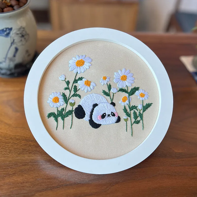 Baby Panda Flowers Hand Embroidery DIY Kit 20cm