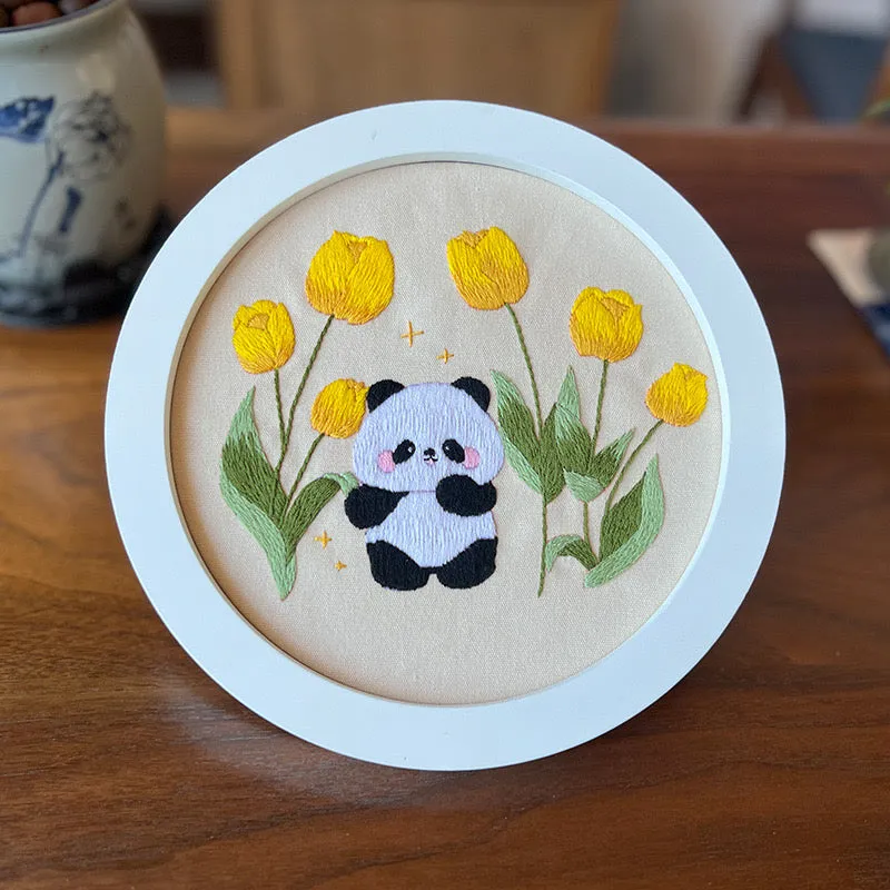 Baby Panda Flowers Hand Embroidery DIY Kit 20cm