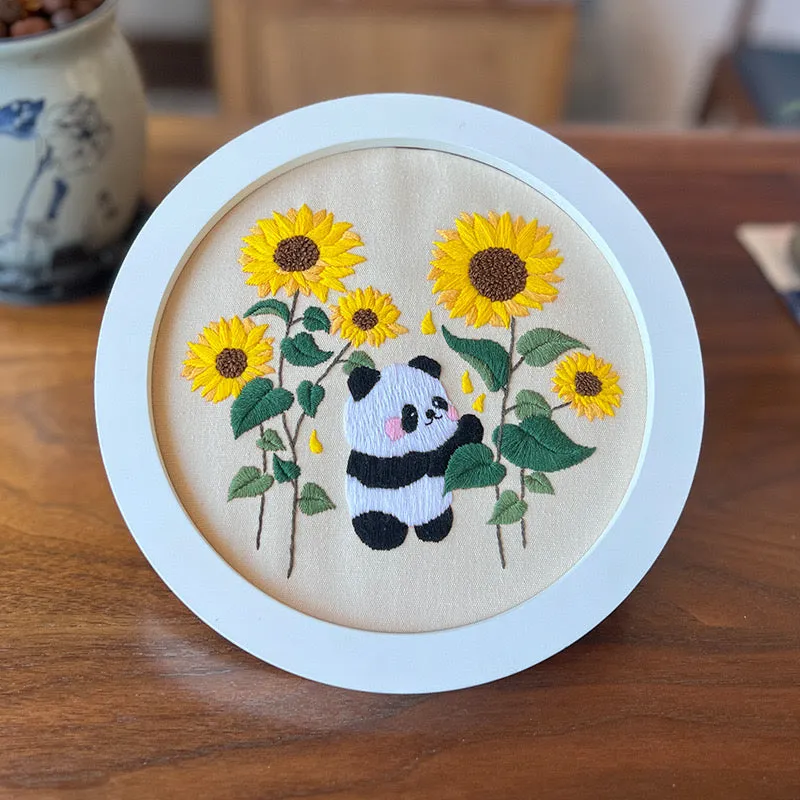 Baby Panda Flowers Hand Embroidery DIY Kit 20cm