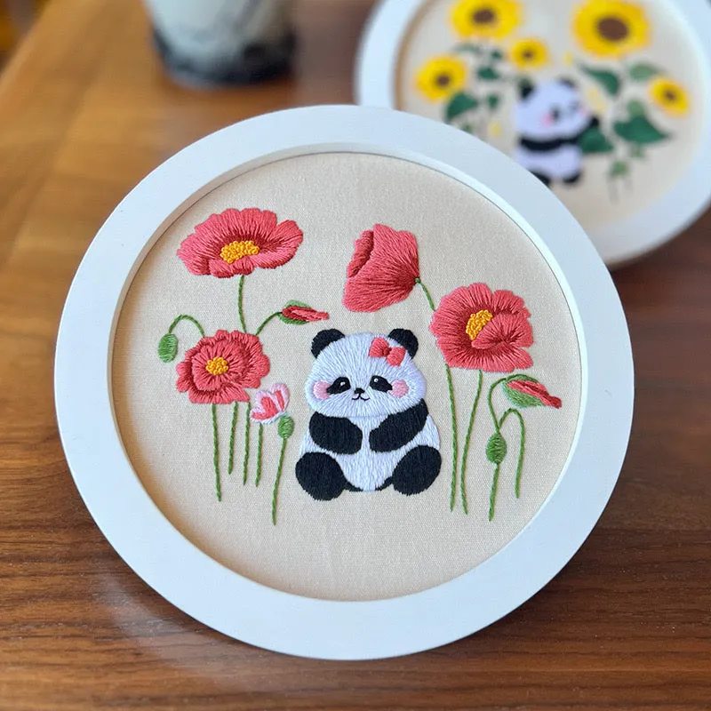 Baby Panda Flowers Hand Embroidery DIY Kit 20cm