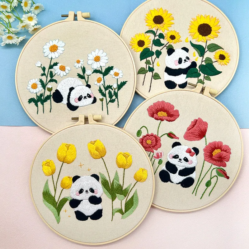 Baby Panda Flowers Hand Embroidery DIY Kit 20cm