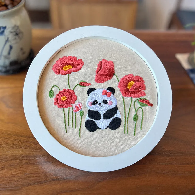 Baby Panda Flowers Hand Embroidery DIY Kit 20cm