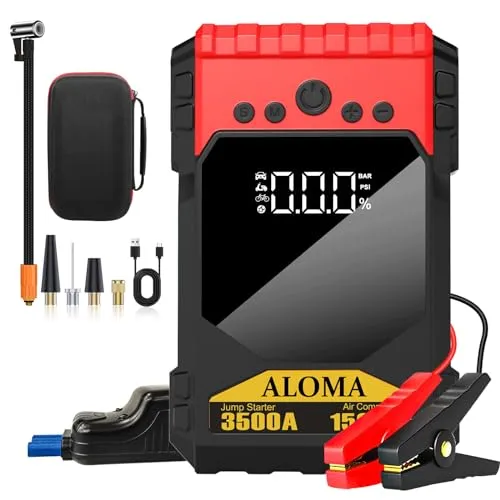 Battery Jumper Starter Portable 12V,tire inflator Portable air Compressor and tire Pressure Gauge,3500A 150PSI car Battery Jump Starter,Bike Pump and air Pump for car Tires (All Gas/10L Diesel)