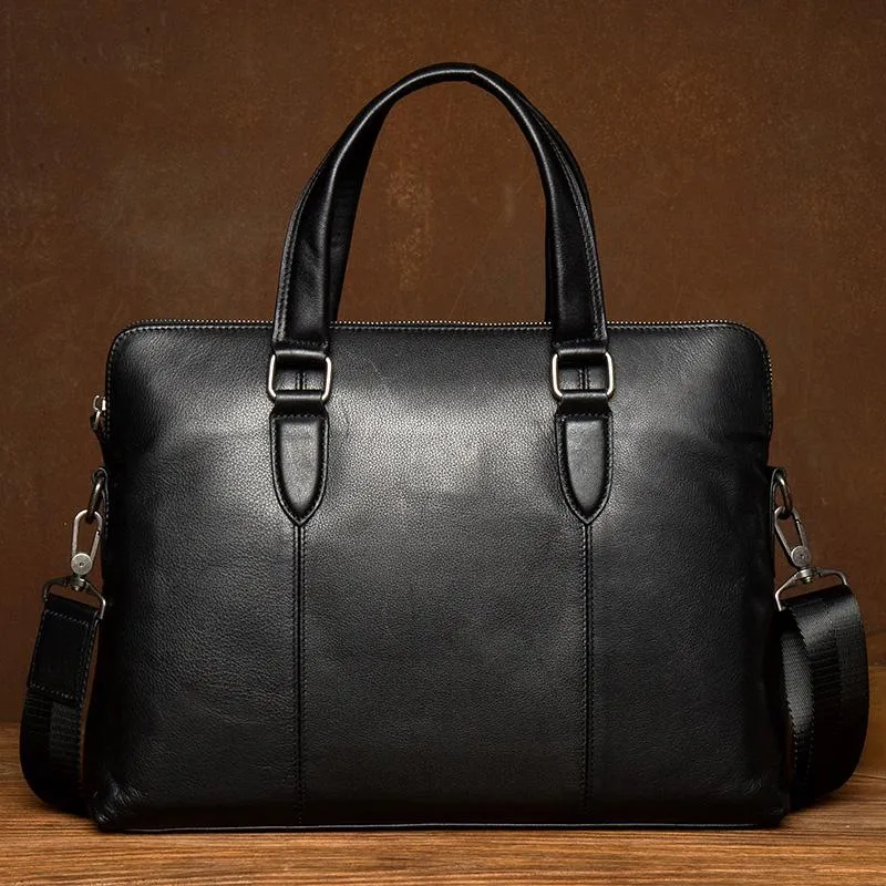 Black Leather Mens 13inches Briefcase Laptop Briefcase Shoulder Business Bags Work Bag for Men