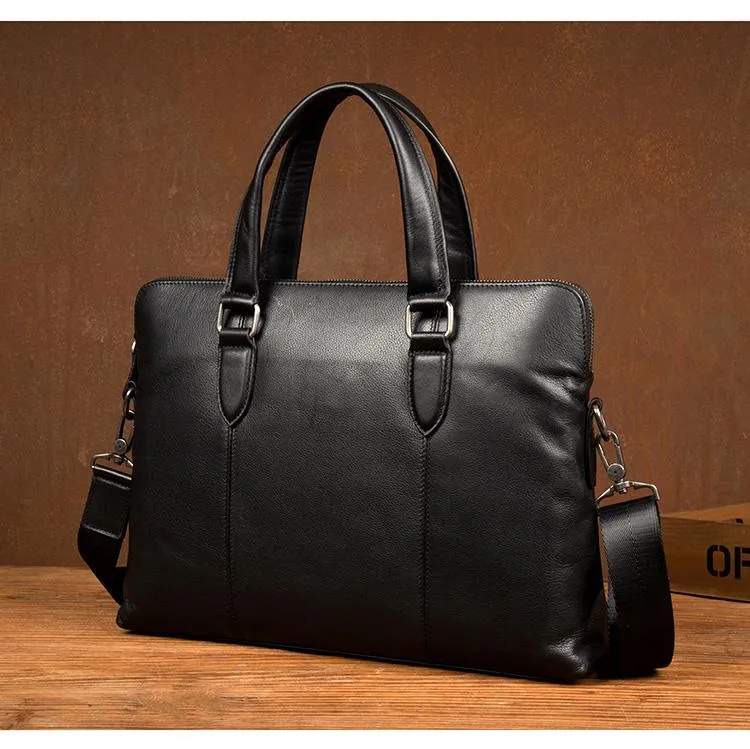 Black Leather Mens 13inches Briefcase Laptop Briefcase Shoulder Business Bags Work Bag for Men