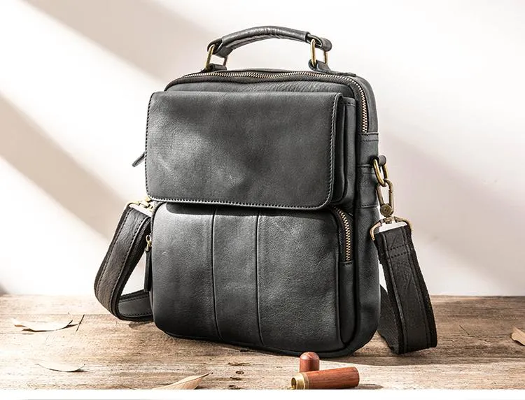 Black Leather Mens Vertical Small Briefcase Work Handbag Side Bag Business Shoulder Bag for Men