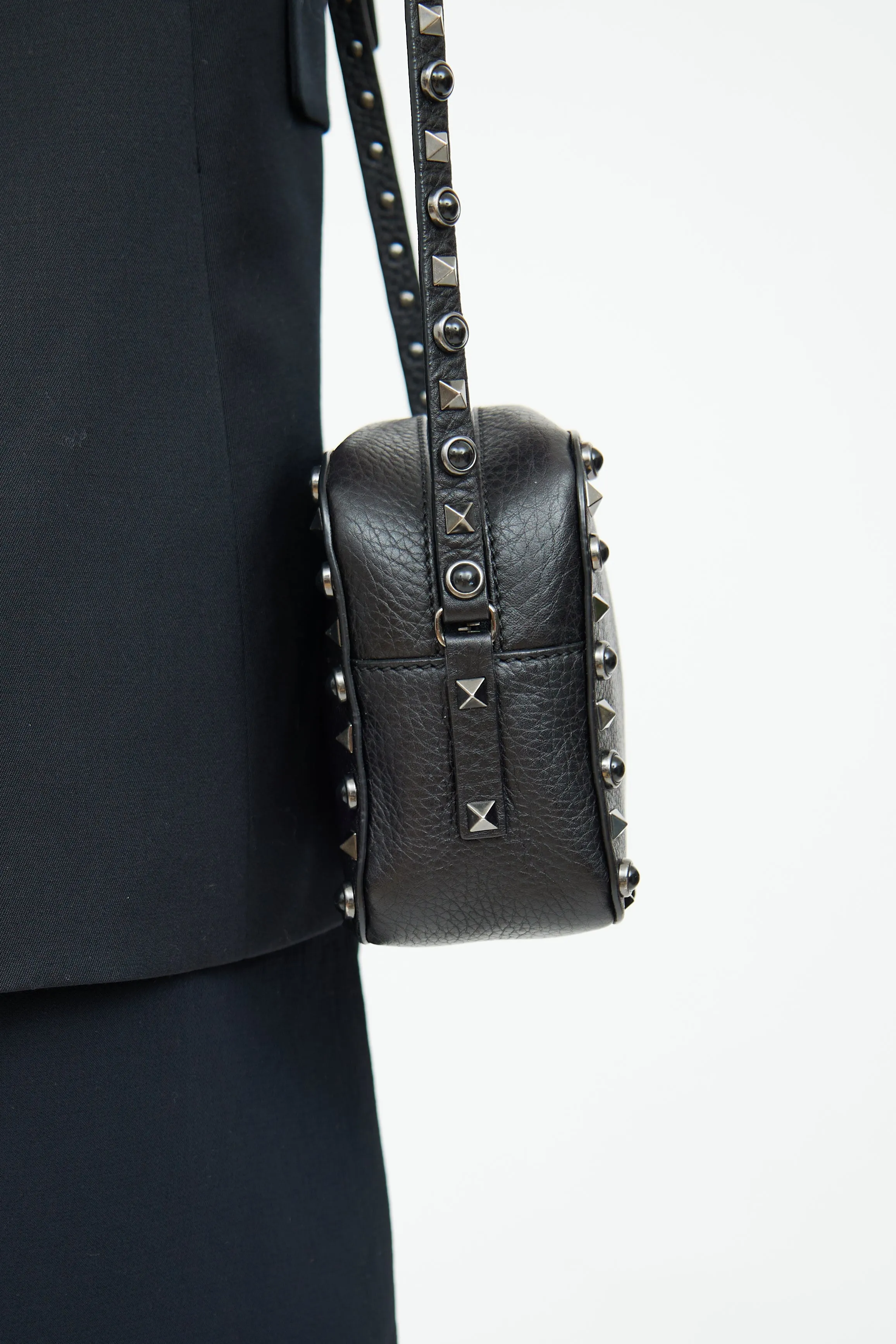 Black Leather Rockstud Camera Bag