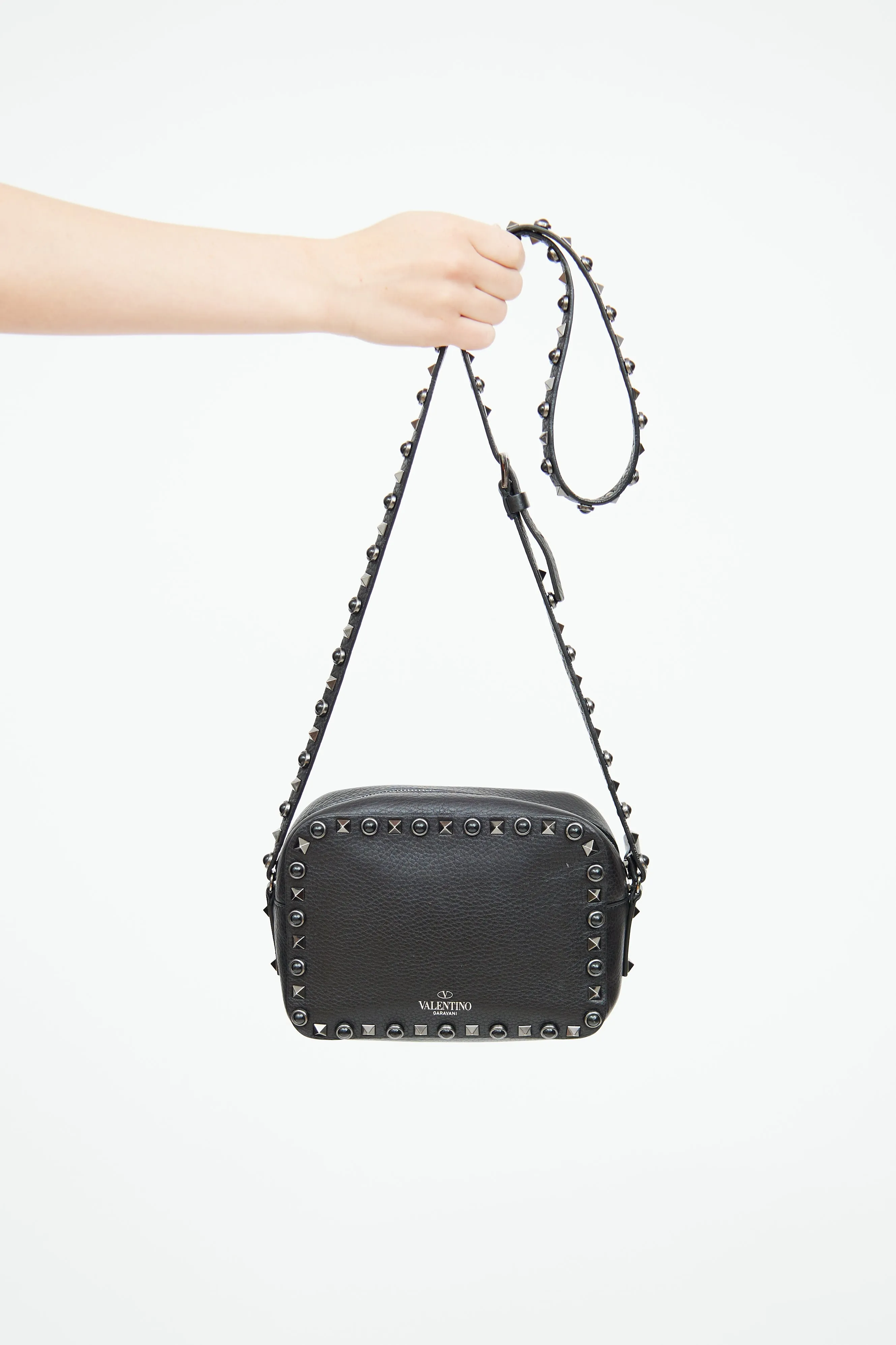 Black Leather Rockstud Camera Bag