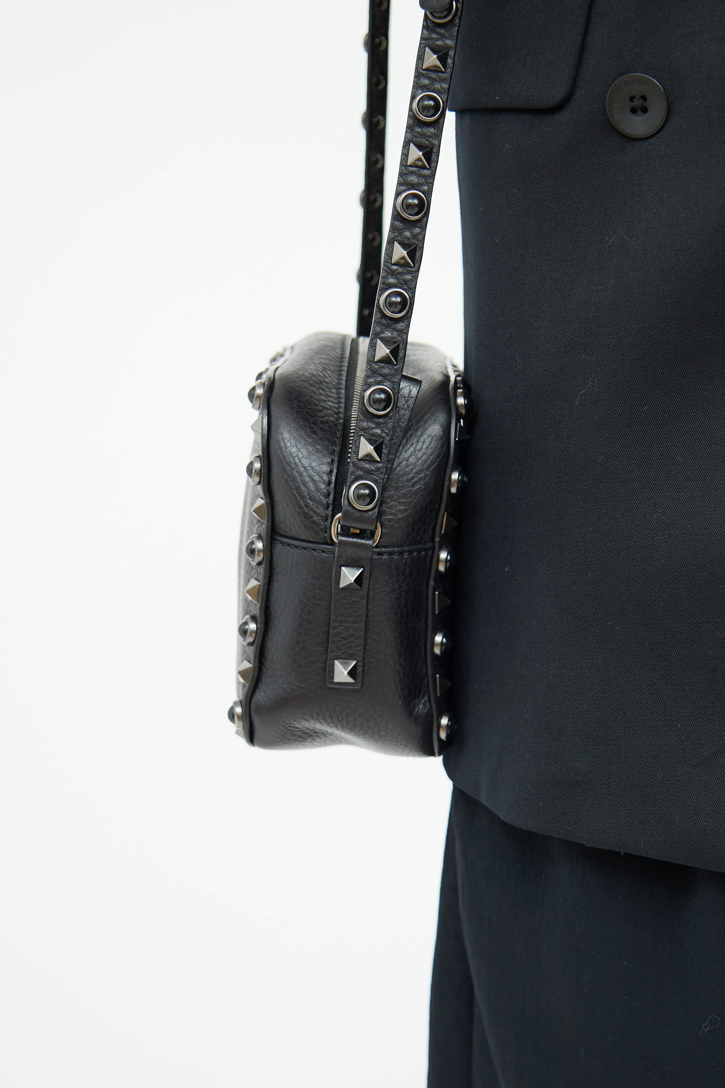 Black Leather Rockstud Camera Bag