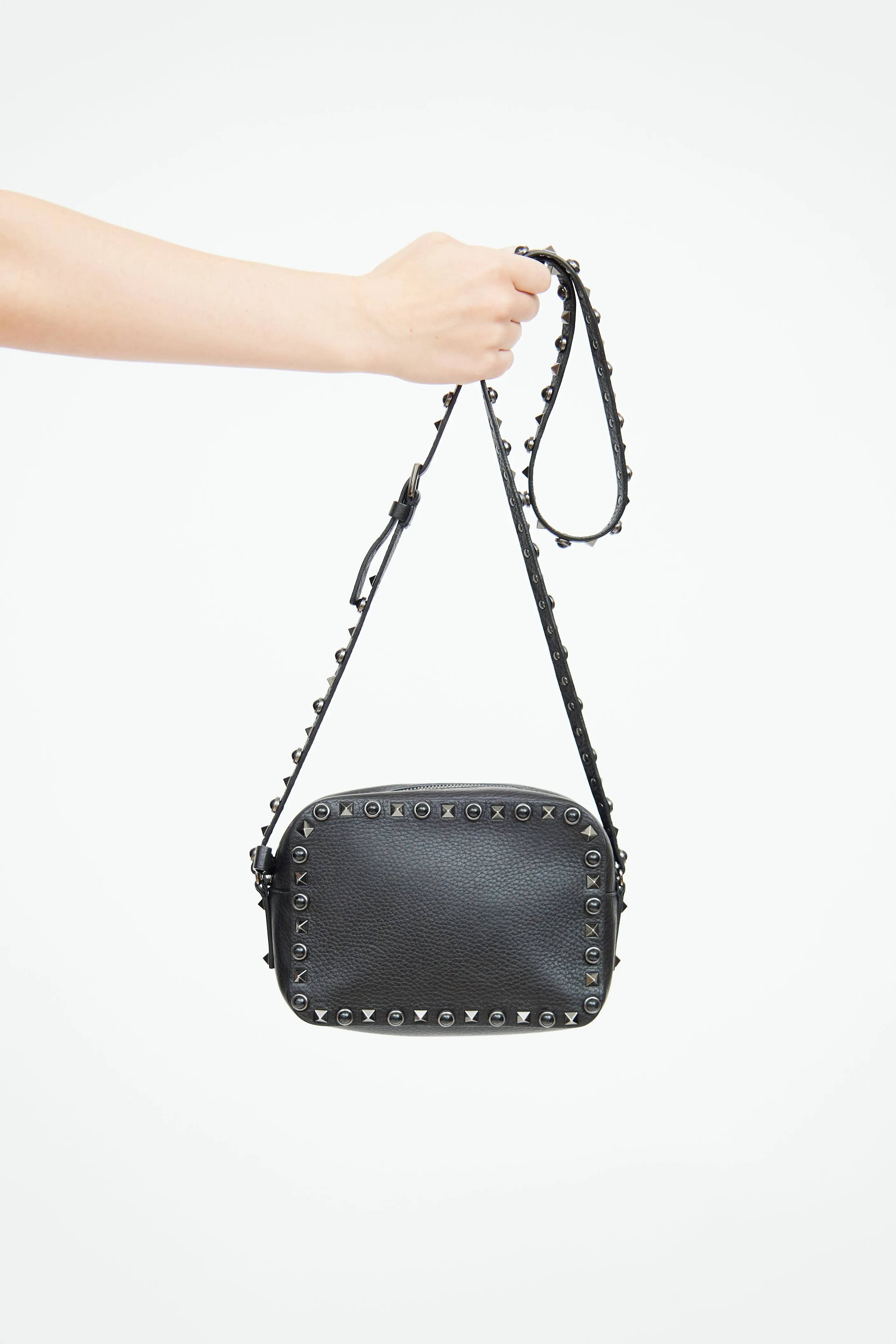 Black Leather Rockstud Camera Bag