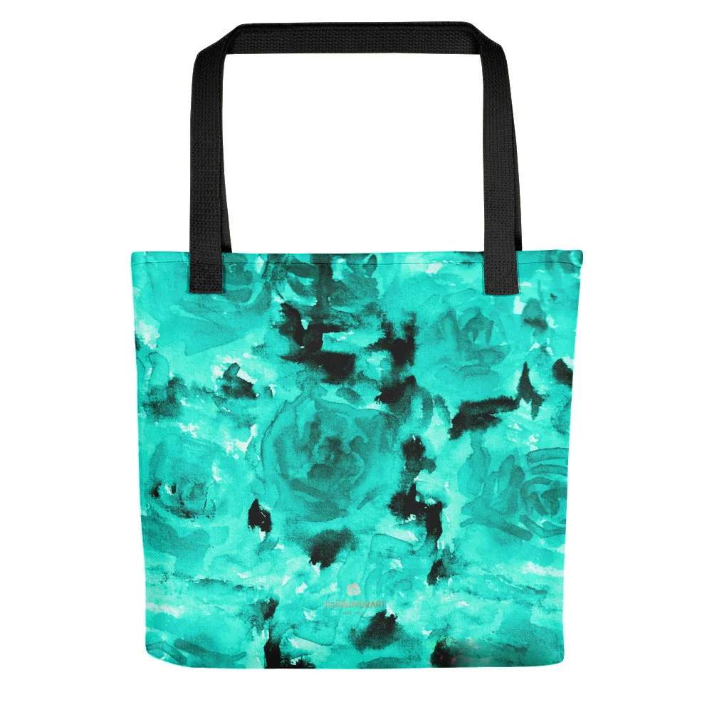 Blue Abstract Tote Bag, Clear Blue Abstract Rose Floral Print Designer 15" x 15" Tote Bag - Made in USA/EU