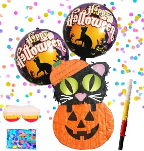 Cat in Pumpkin Pinatas for Halloween Parties, Halloween Theme Decorations, Kids Birthday party Games, Halloween Pinatas includes Busterstick, Blindfold, Confetti and 2 Happy Halloween Ballons