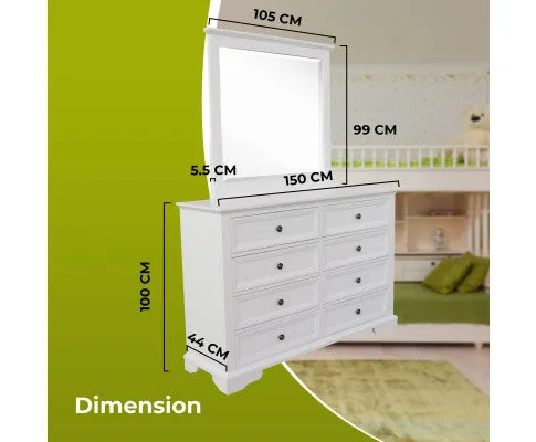 Celosia Dresser Mirror 8 Chest of Drawers Bedroom Timber Storage Cabinet - White