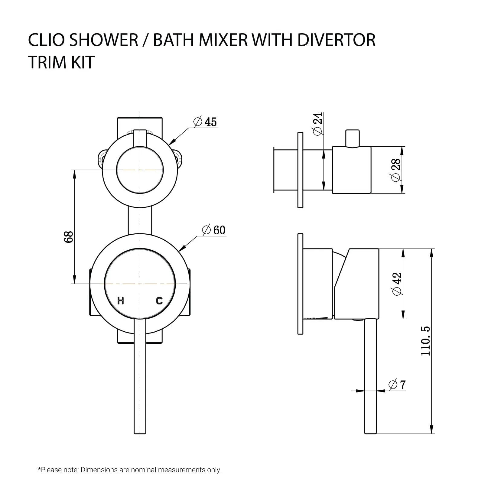 CLIO Shower / Bath Mixer with Divertor Trim Kit Brushed Gold