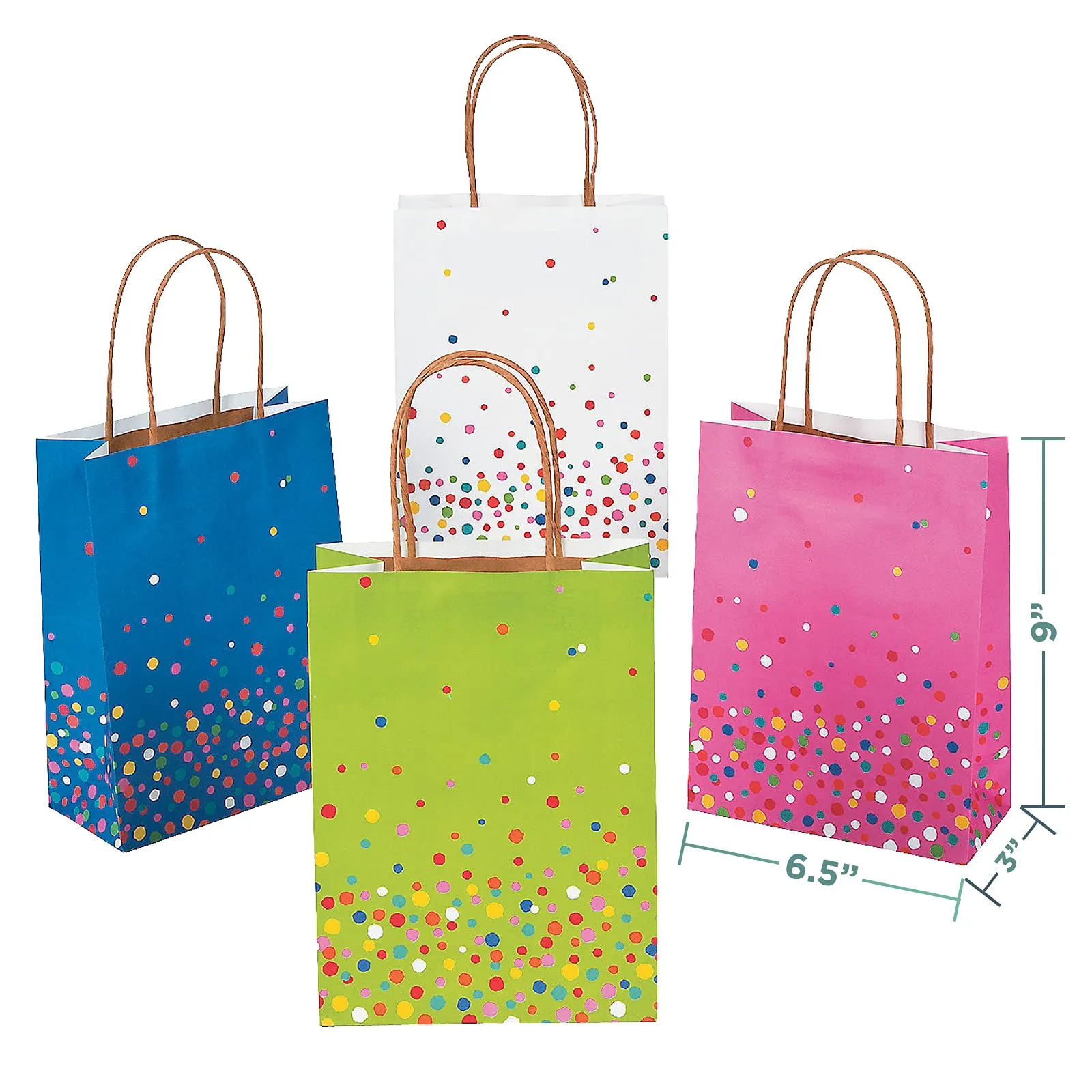 Confetti Sprinkle Paper Gift Bags and Party Favor Bags with Red Curling Ribbon, Medium Size 6 1/2" x 3" x 9" (12 Pack)