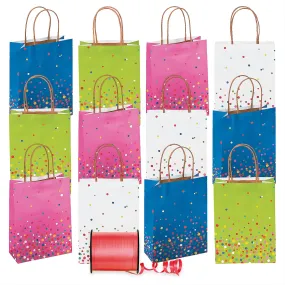 Confetti Sprinkle Paper Gift Bags and Party Favor Bags with Red Curling Ribbon, Medium Size 6 1/2" x 3" x 9" (12 Pack)