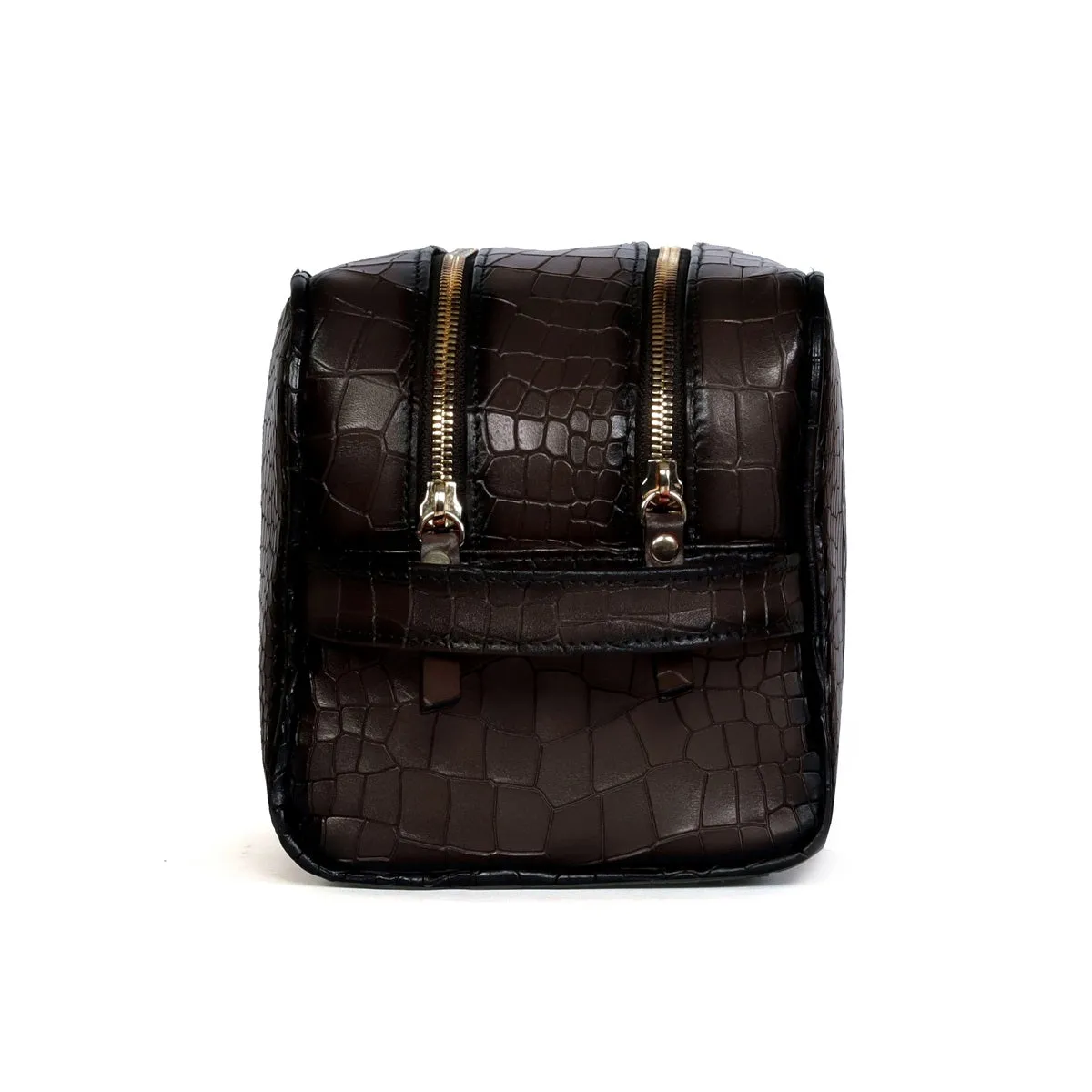 Dark Brown Deep Cut Leather Toiletry / Travel Bag