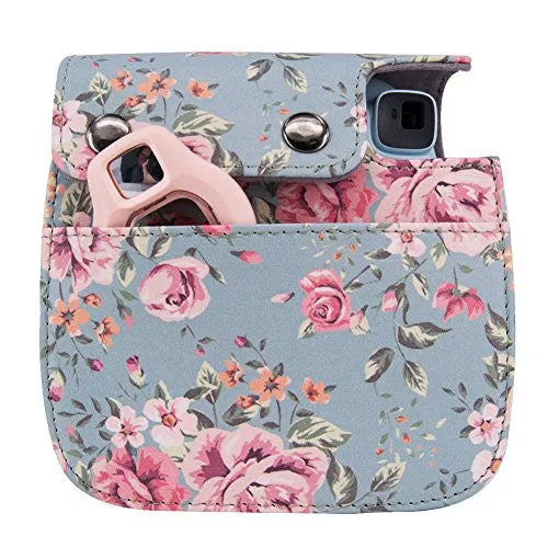 Elvam Vintage Flower Floral PU Leather Fujifilm Instax Mini 8 / Mini 8  Instant Film Camera Case Bag w/ a Removable Bag Strap