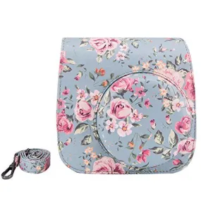 Elvam Vintage Flower Floral PU Leather Fujifilm Instax Mini 8 / Mini 8  Instant Film Camera Case Bag w/ a Removable Bag Strap