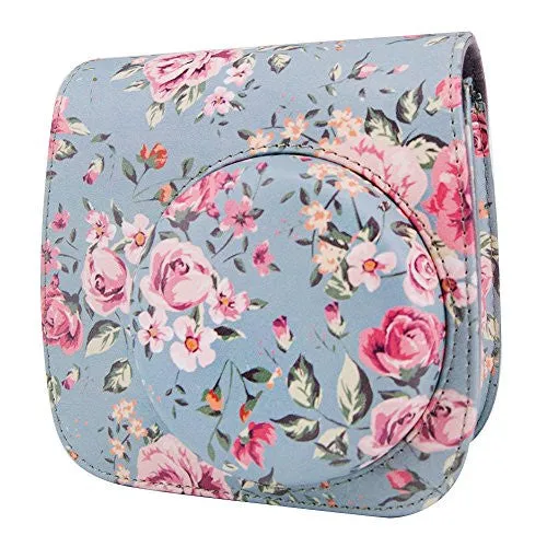 Elvam Vintage Flower Floral PU Leather Fujifilm Instax Mini 8 / Mini 8  Instant Film Camera Case Bag w/ a Removable Bag Strap