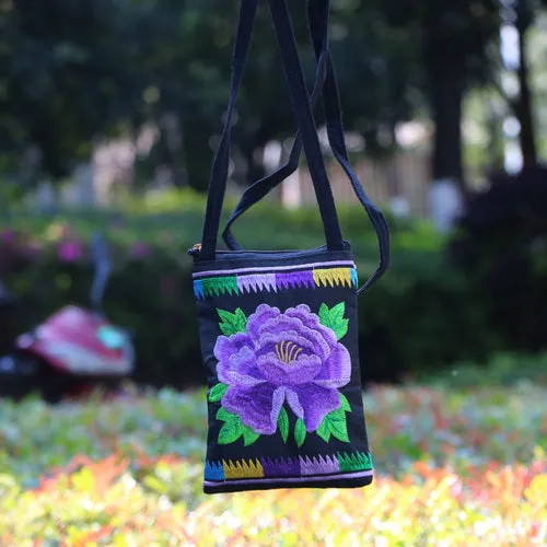 Ethnic Style Tribal Embroidery Flower Crossbody 6.5 Inch Mobile Phone Bag Hanging Neck Mobile Phone Bag