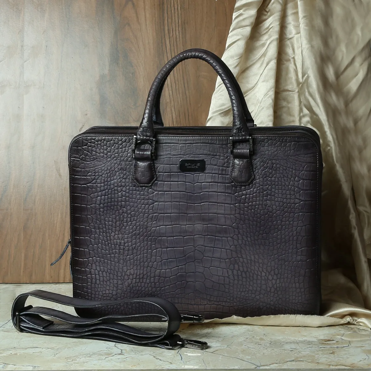 Grey Laptop Briefcase in Cut Croco Leather with Organizer Compartment