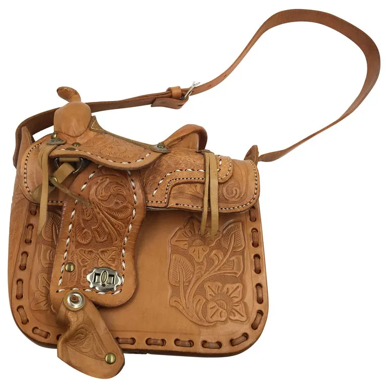 Handmade, Hand Tooled Mexican Leather and Sheepskin Saddle Shoulder Bag