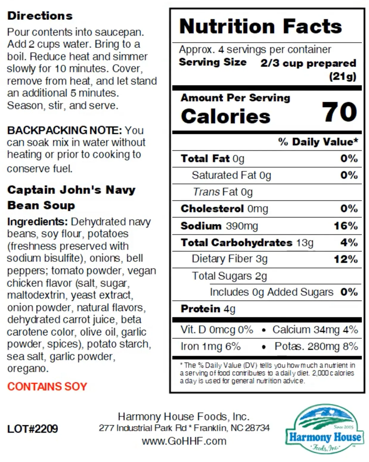 Harmony House Captain John's Navy Bean Soup (2.95 oz)