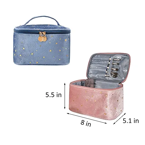 HOYOFO Velvet Makeup Bag with Handle Cosmetic Bags with Makeup Brush Holder Travel Make up Bag for Women, A Pink