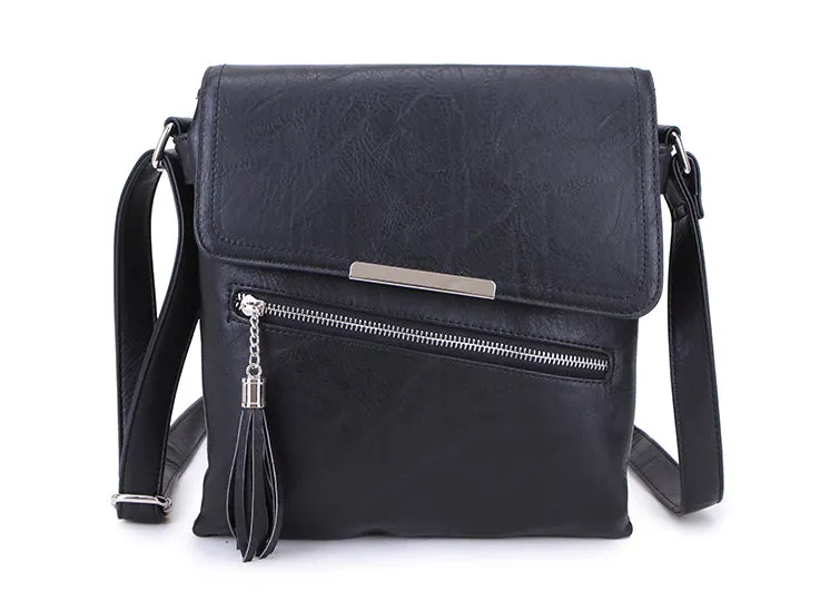 LARGE TASSEL MULTI COMPARTMENT CROSS BODY SHOULDER BAG WITH LONG STRAP - BLACK