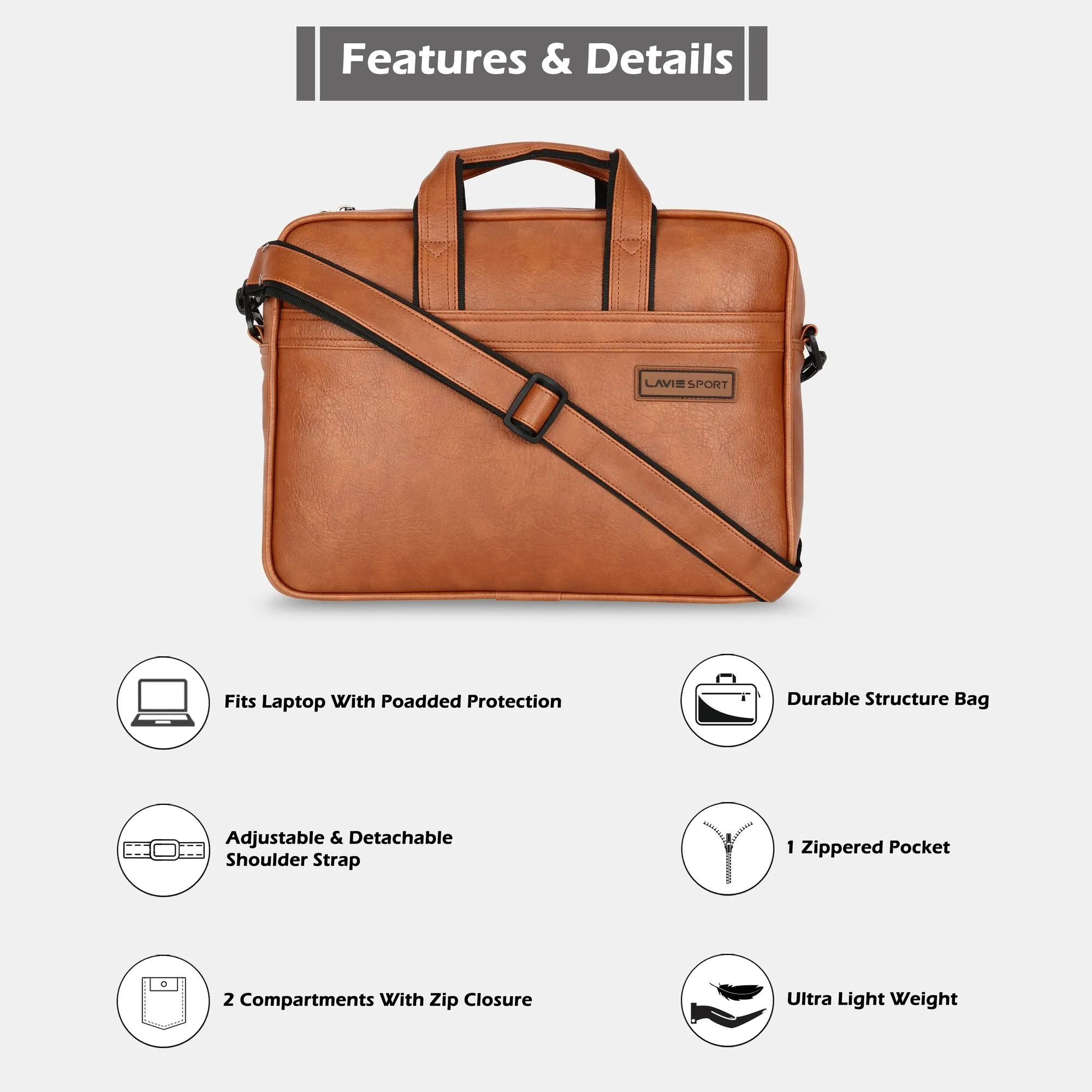 Lavie Sport 2 Compartments Executive Unisex Laptop Briefcase Bag Tan