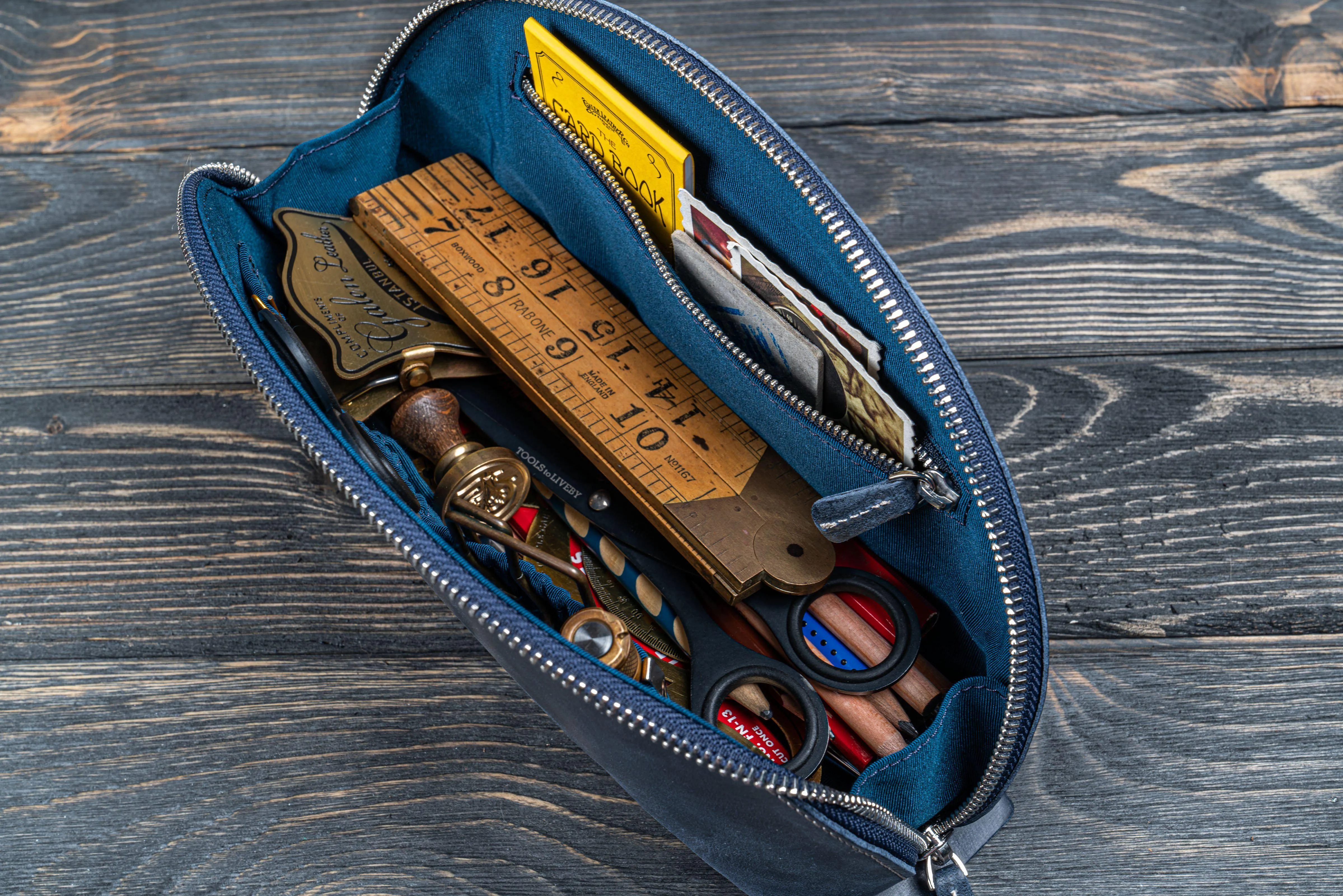 Leather Lunar Makeup / Toiletry Bag - Crazy Horse Navy Blue