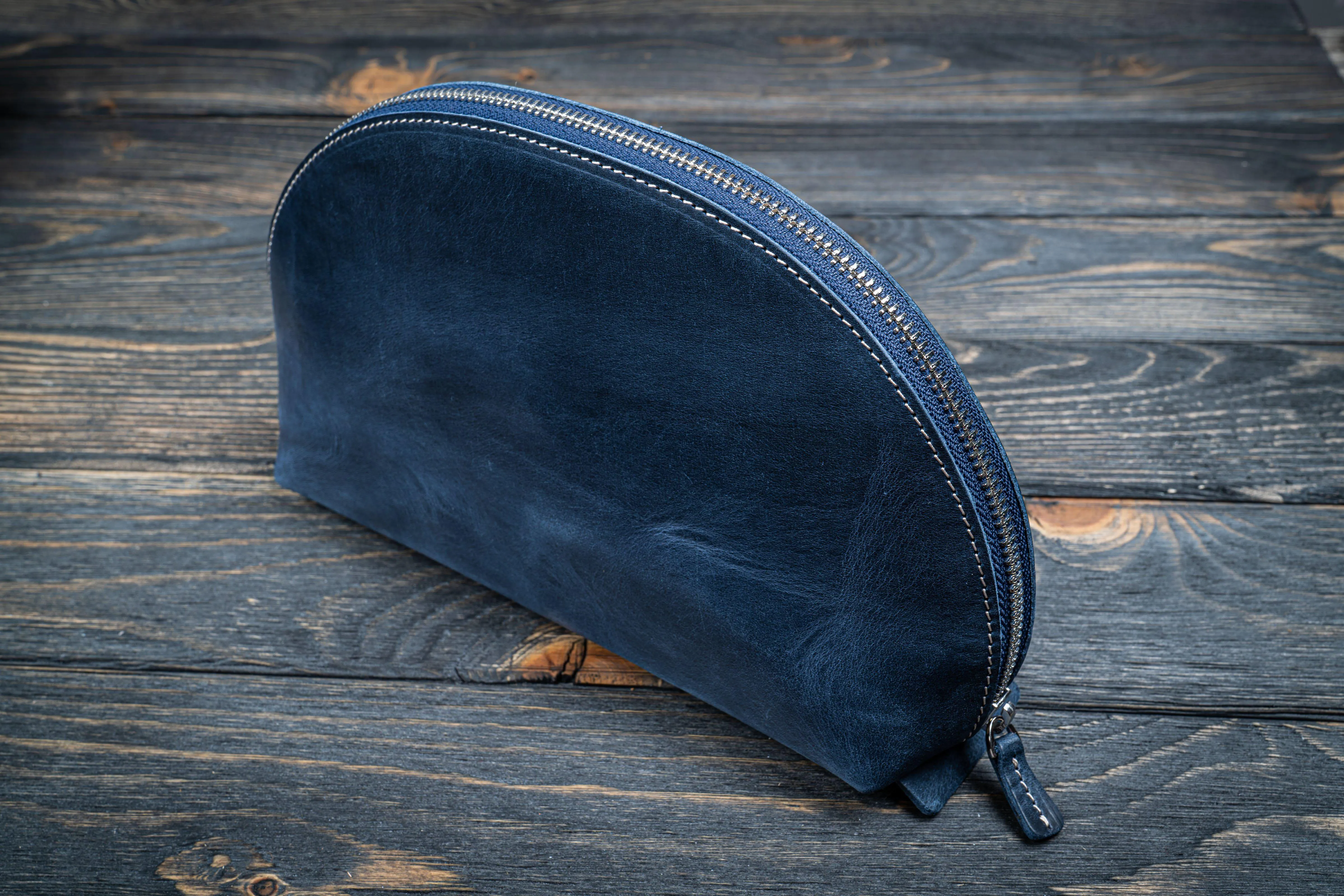 Leather Lunar Makeup / Toiletry Bag - Crazy Horse Navy Blue