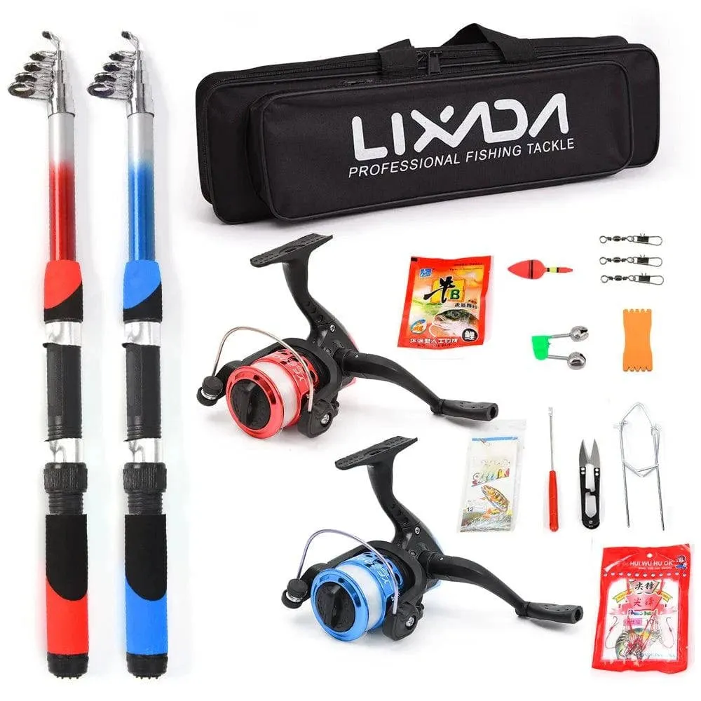 Lixada Fishing Rod Reel Combo Full Kit with 2pcs 2.1m Telescopic Fishing Rods 2pcs Spinning Reels Fishing Lures Hook Accessories