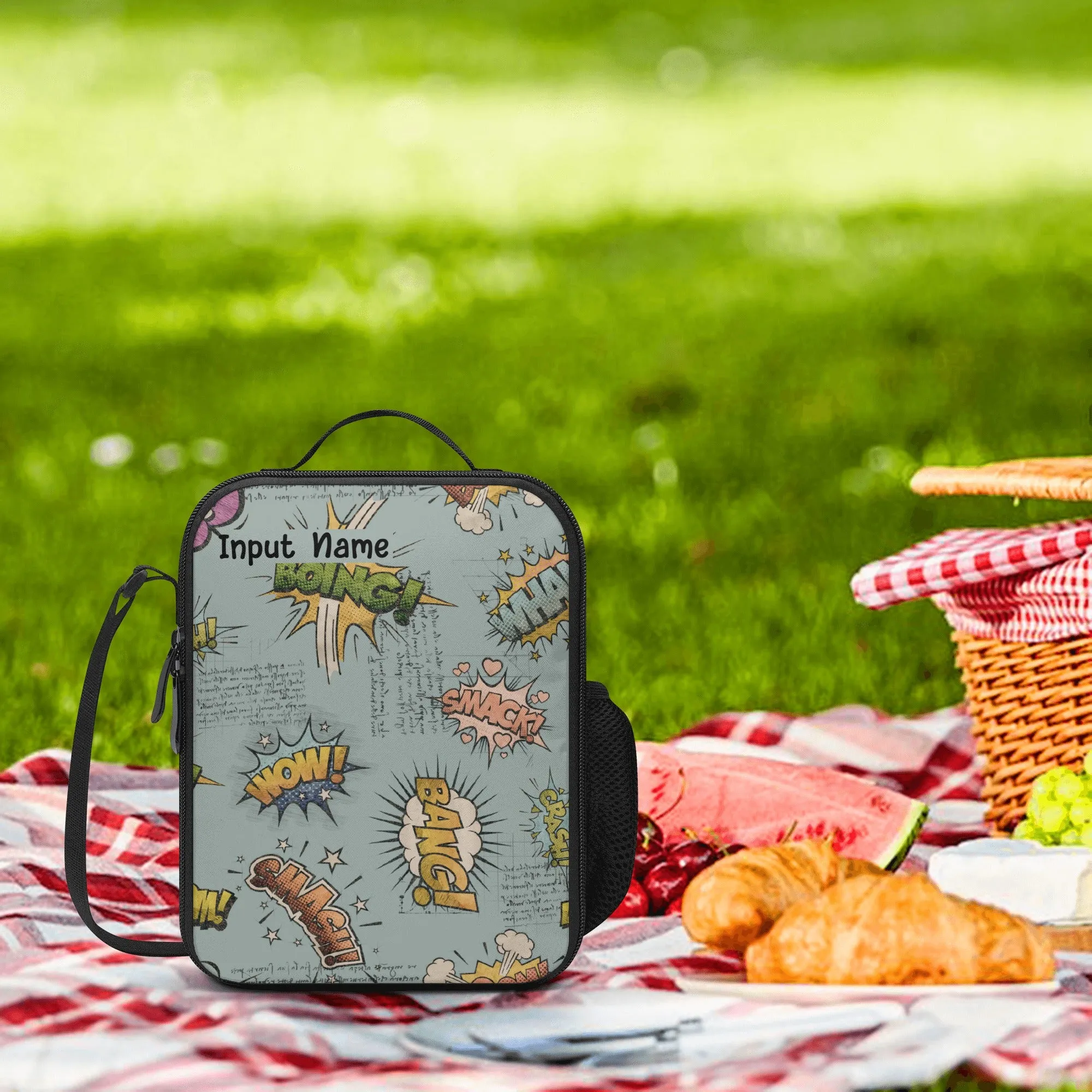 Lunch Bag | All-Over Print | Lunch Box Bag with Bottle Holder | Personalized | Spacious  | Onomatopoeia Pattern