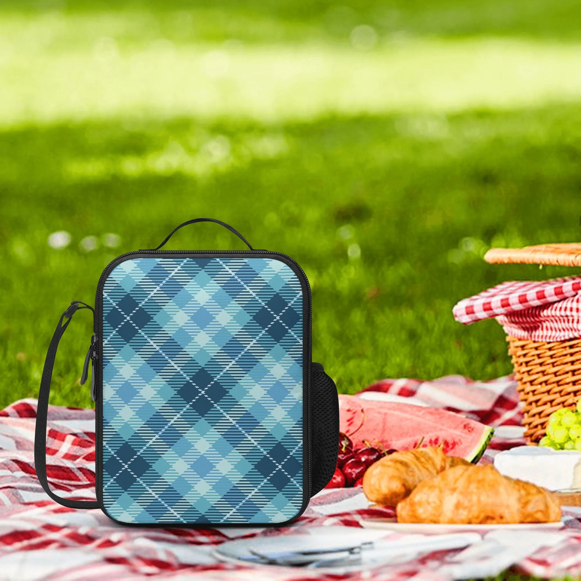 Lunch Bag-All-Over Print-Lunch Box Bag with Bottle Holder-Smart Blue Checks