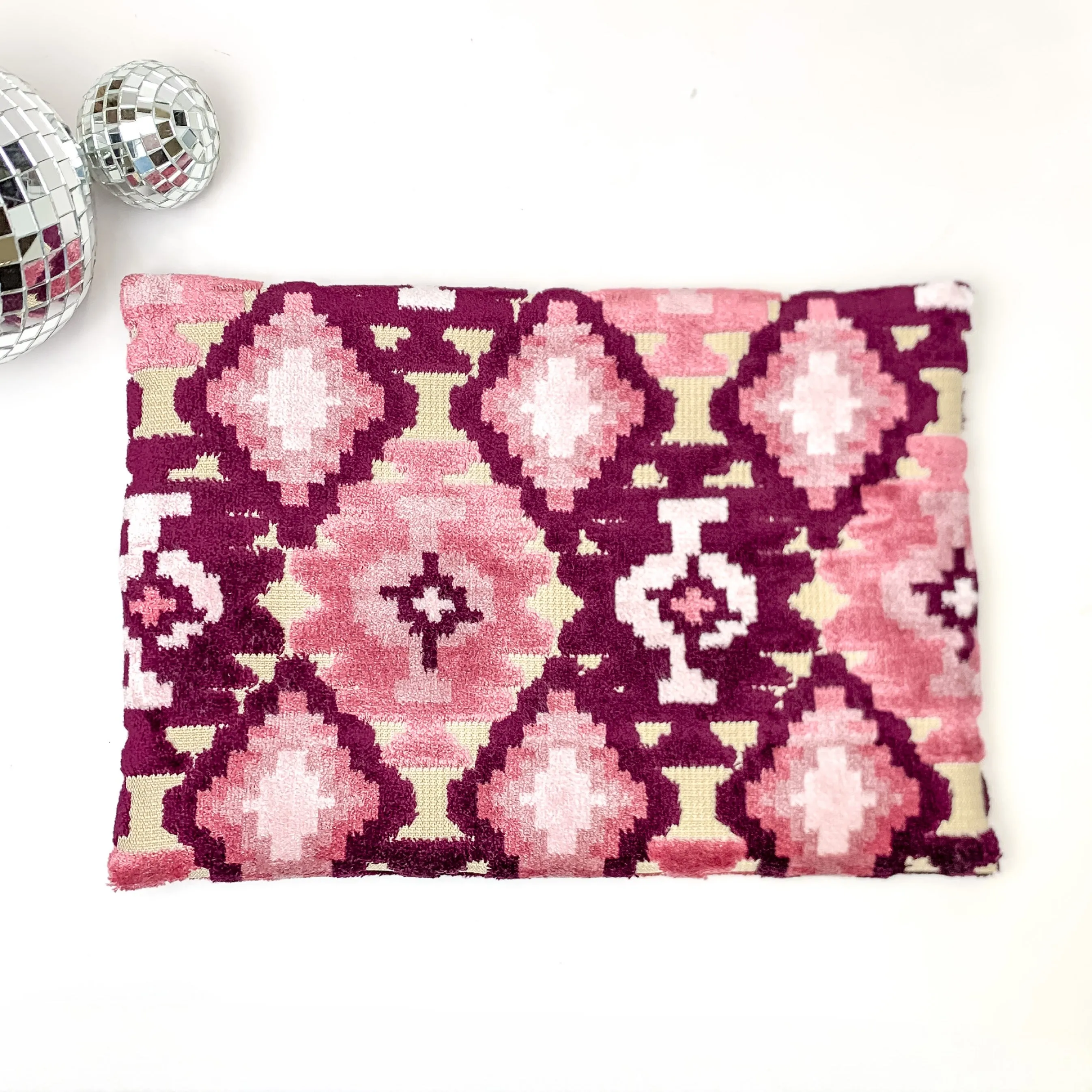 Makeup Junkie | Medium Maroon Aztec Lay Flat Bag in Maroon and Pink Mix