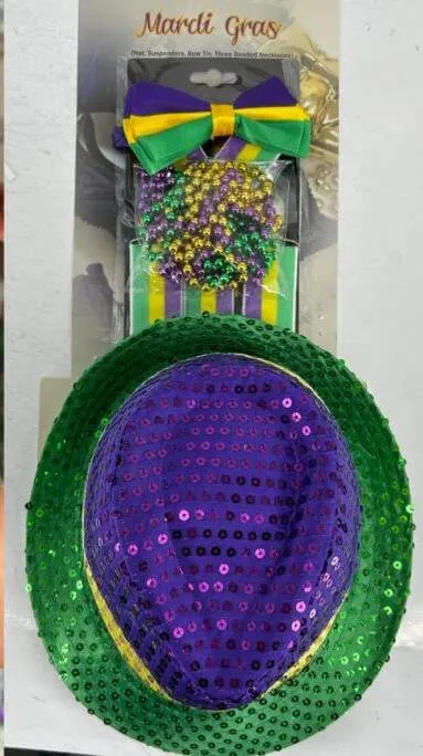 Mardi Gras Kit (Hat, Bow Tie, Suspenders, Beads)