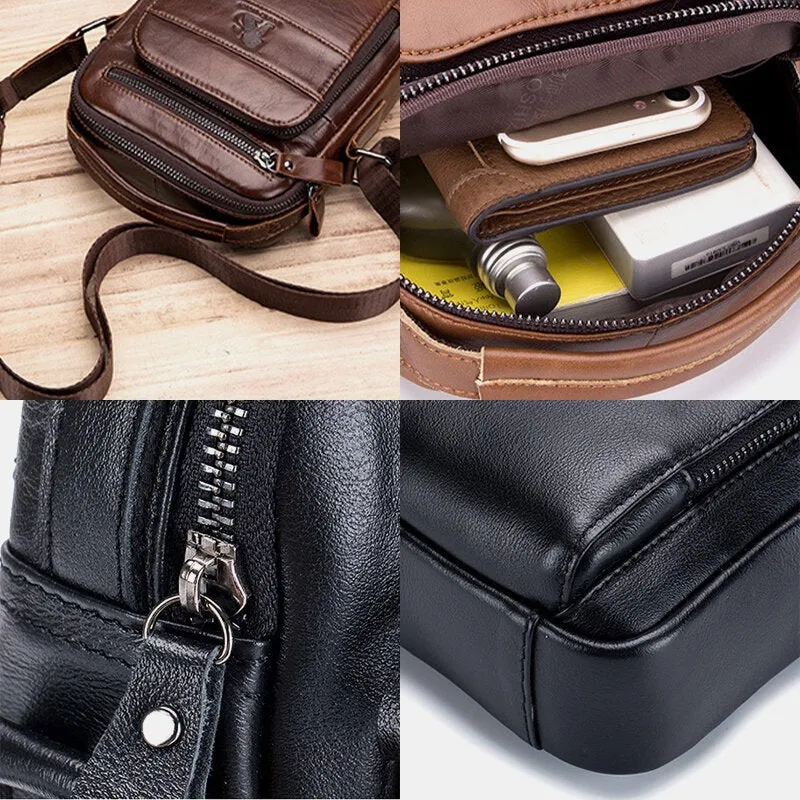 Men Genuine Leather Retro Business Casual Solid Color Cowhide Shoulder Bag Crossbody