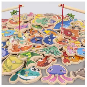 Montessori Wooden Magnetic Fishing Toys for Kids Cartoon Marine Life Cognition Fish Games Education Parent-Child Interactive Toy