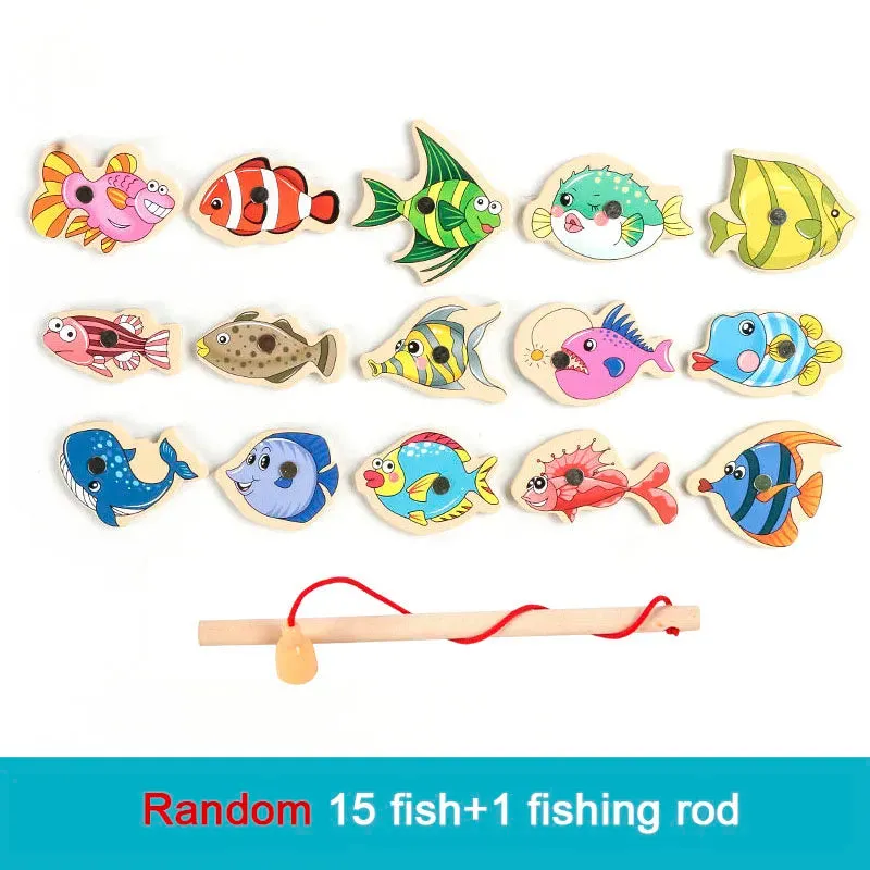 Montessori Wooden Magnetic Fishing Toys for Kids Cartoon Marine Life Cognition Fish Games Education Parent-Child Interactive Toy