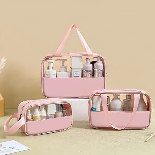 Niwlix Travel Makeup Pouch Set Toiletry Bag Cosmetic Organizer Bag for Women and Girls Toiletry Storage Kit Set of 3 - Pink