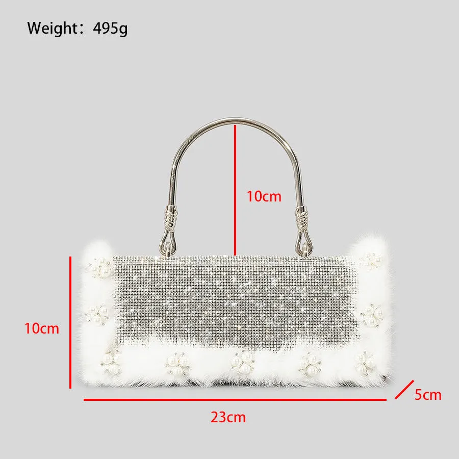 Ostrich Fur Pearl Rhinestone Bag