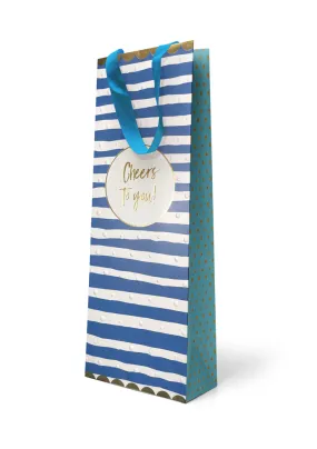 Premium Gift Bag Bottle: Embossed & Foiled “Cheers to you” Blue Stripes