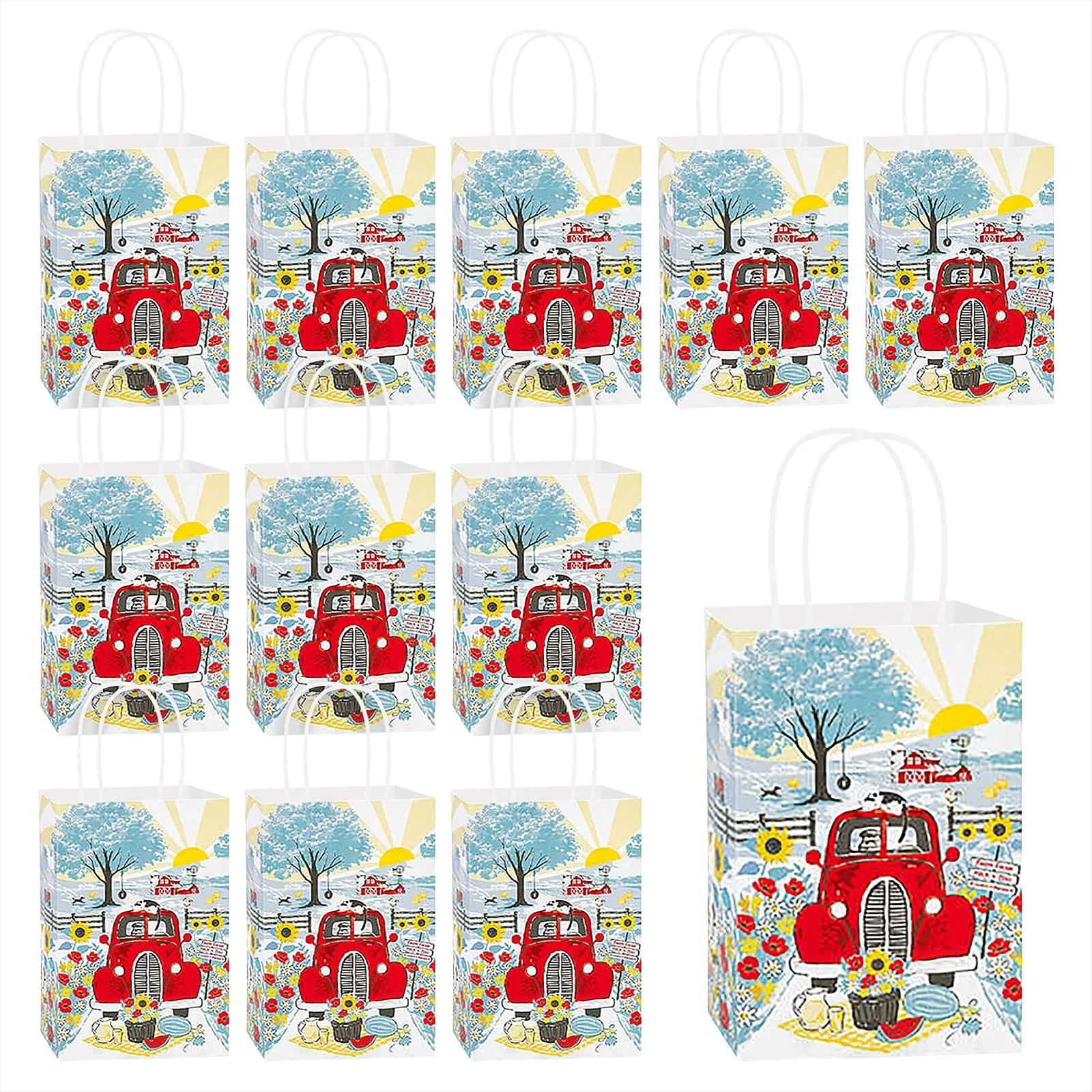 Red Truck & Farm Paper Gift Bags and Party Favor Bags, Small 5.25"x3.5"x8.25" (12 Pack)